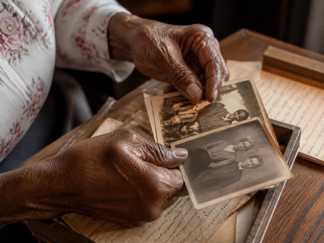 The weathered hands of an elderly Black woman holding a fan of sepia family photographs at a wooden table, more framed portraits of her ancestors behind her